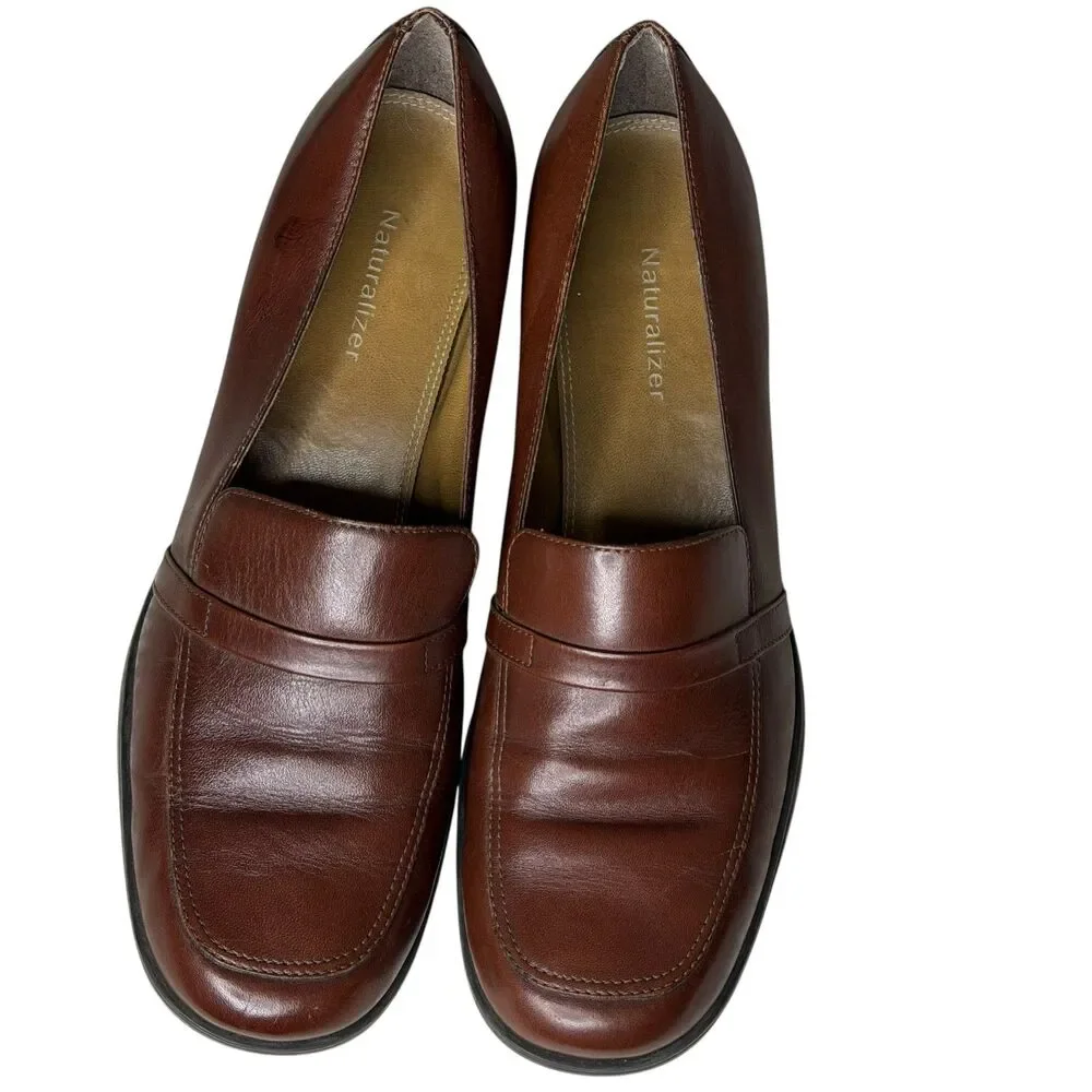 Naturalizer Womens Leather Loafers Block Heel Slip On Shoes Brown 9.5